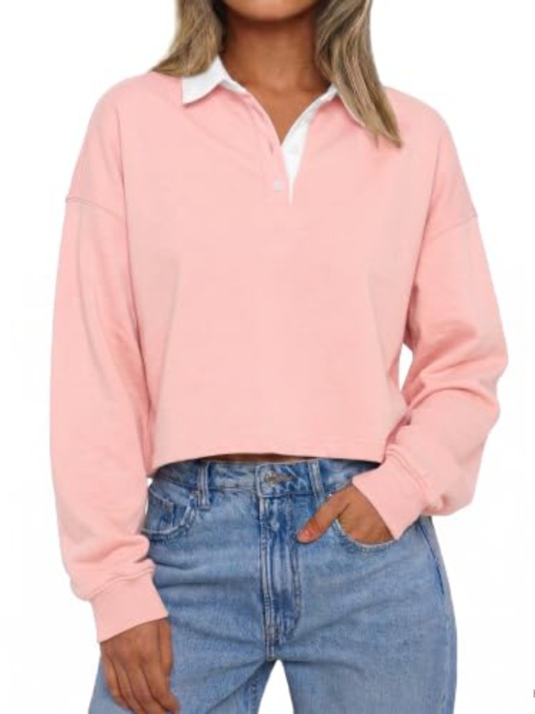 Women's Long Sleeve Cropped Polo Sweatshirt Color Block V-Neck Loose Fit